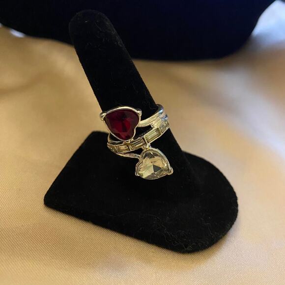 Silver Red and Crystal hearts and Crystal band ring Size 6 - Picture 6 of 8